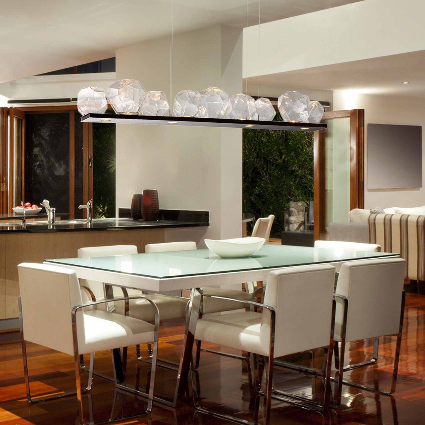 Gem Bezel LED Linear Pendant Light in dining room.