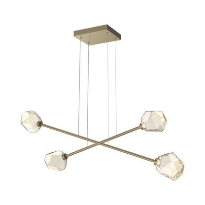 Gem Double Moda Linear LED Chandelier in Gilded Brass/Amber Blown Glass.
