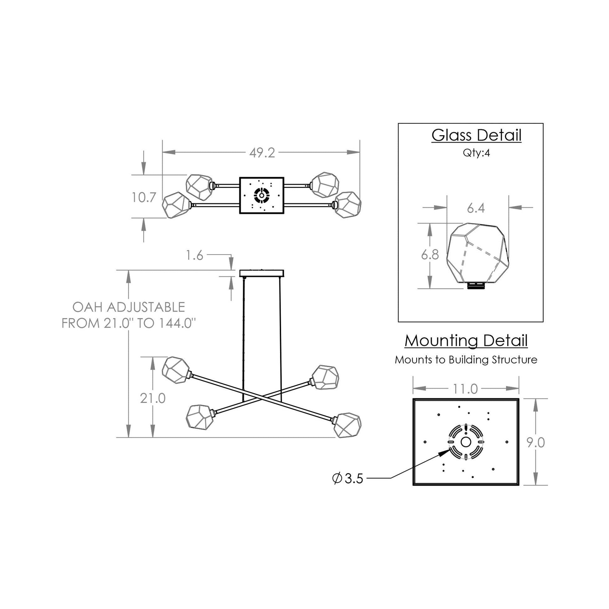 Gem Double Moda Linear LED Chandelier - line drawing.