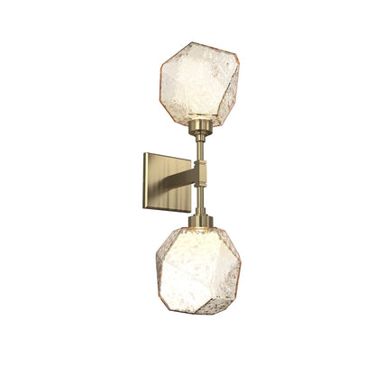 Gem LED Double Wall Light in Heritage Brass/Translucent/Amber Blown Glass.