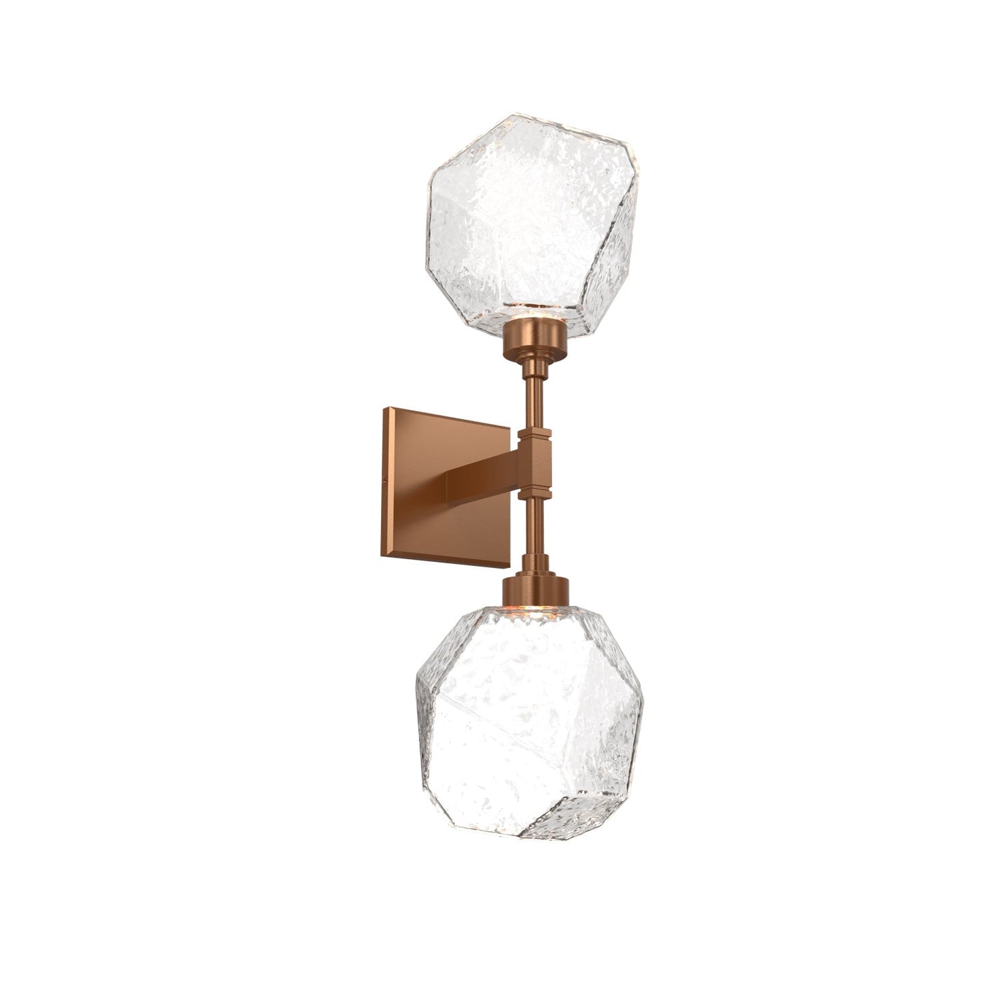 Gem LED Double Wall Light in Novel Brass/Clear Blown Glass.
