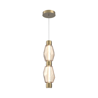 Gem Mandrel Double LED Pendant Light in Gilded Brass/Amber Blown Glass.