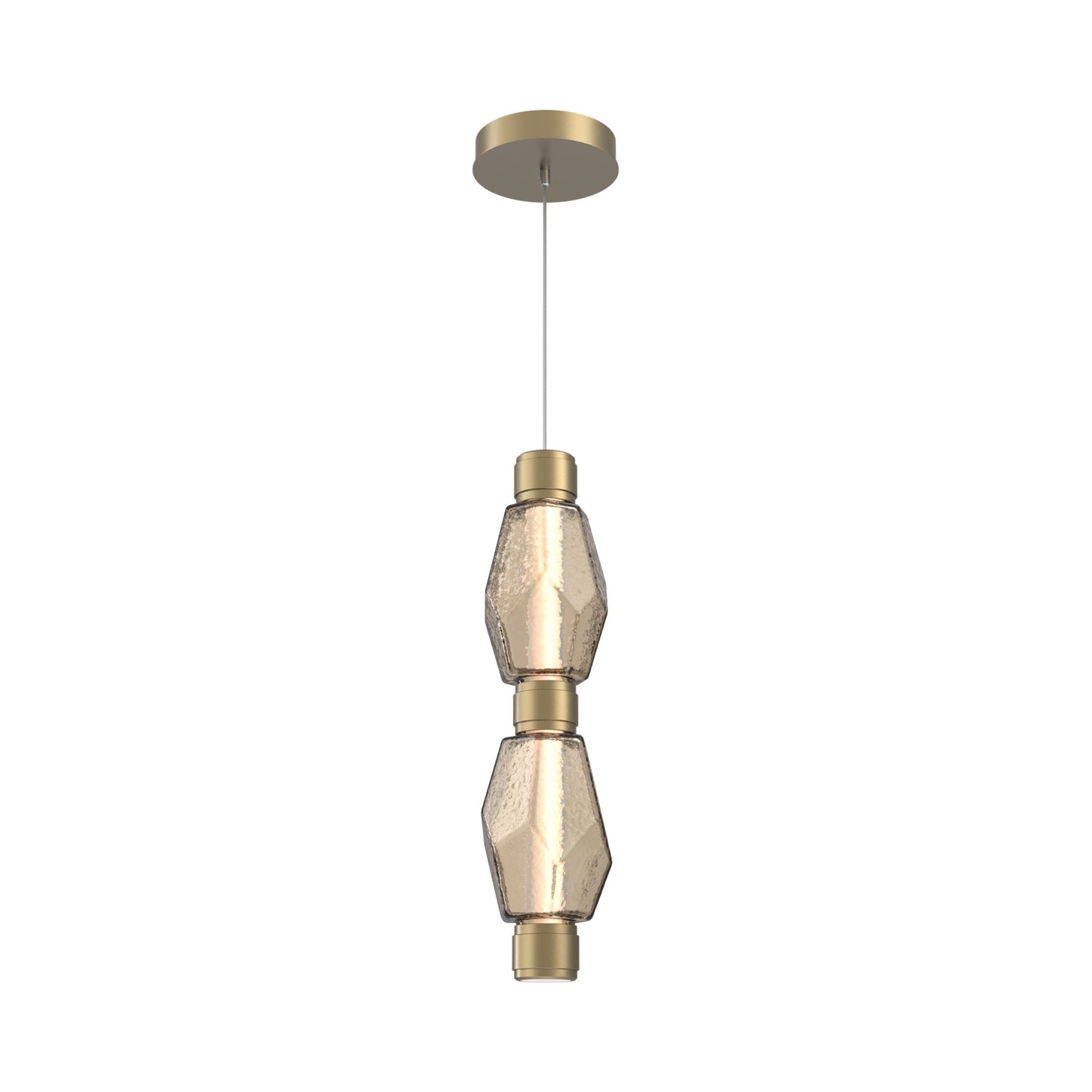 Gem Mandrel Double LED Pendant Light in Gilded Brass/Bronze Blown Glass.