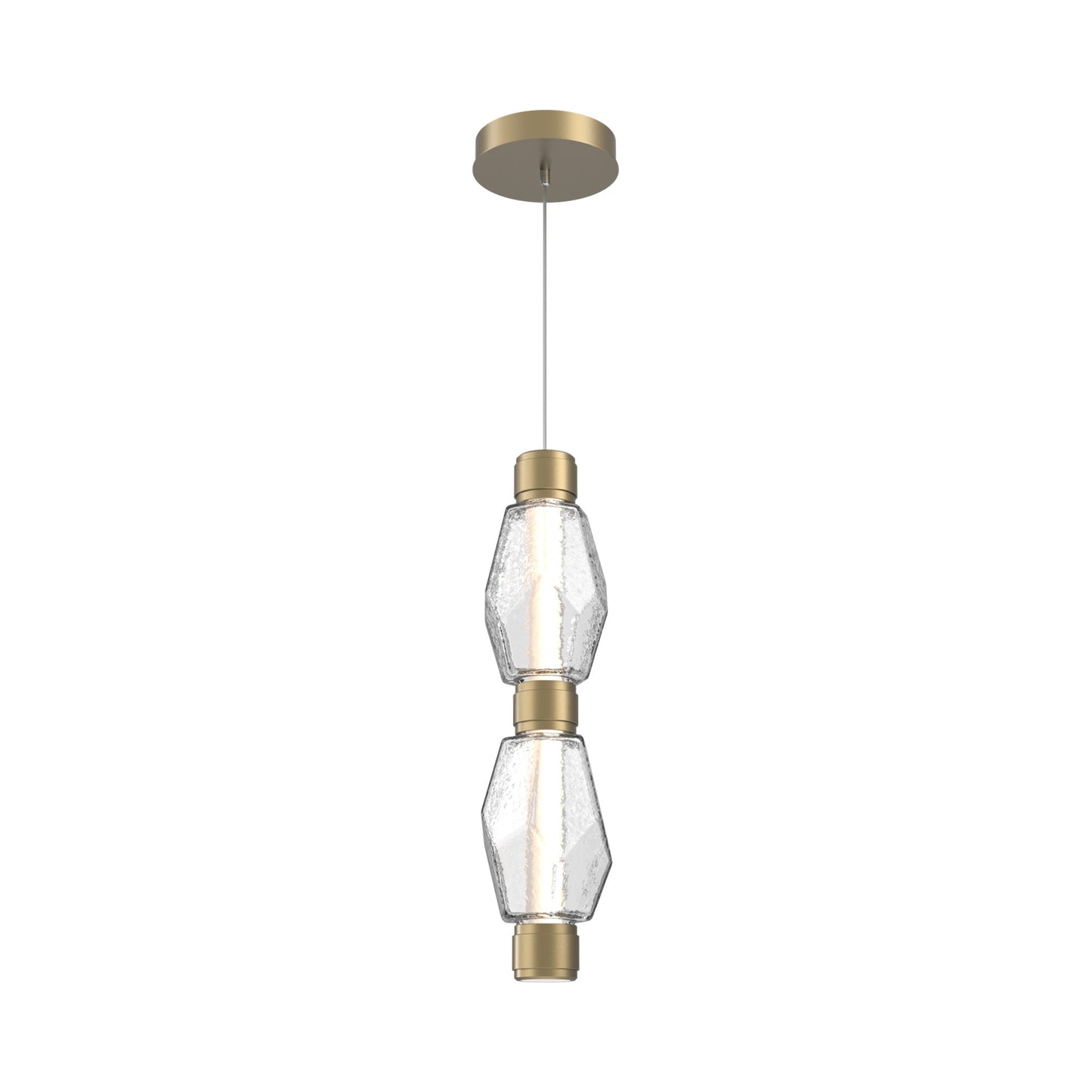 Gem Mandrel Double LED Pendant Light in Gilded Brass/Clear Blown Glass.