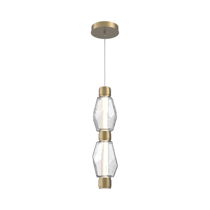 Gem Mandrel Double LED Pendant Light in Gilded Brass/Clear Blown Glass.