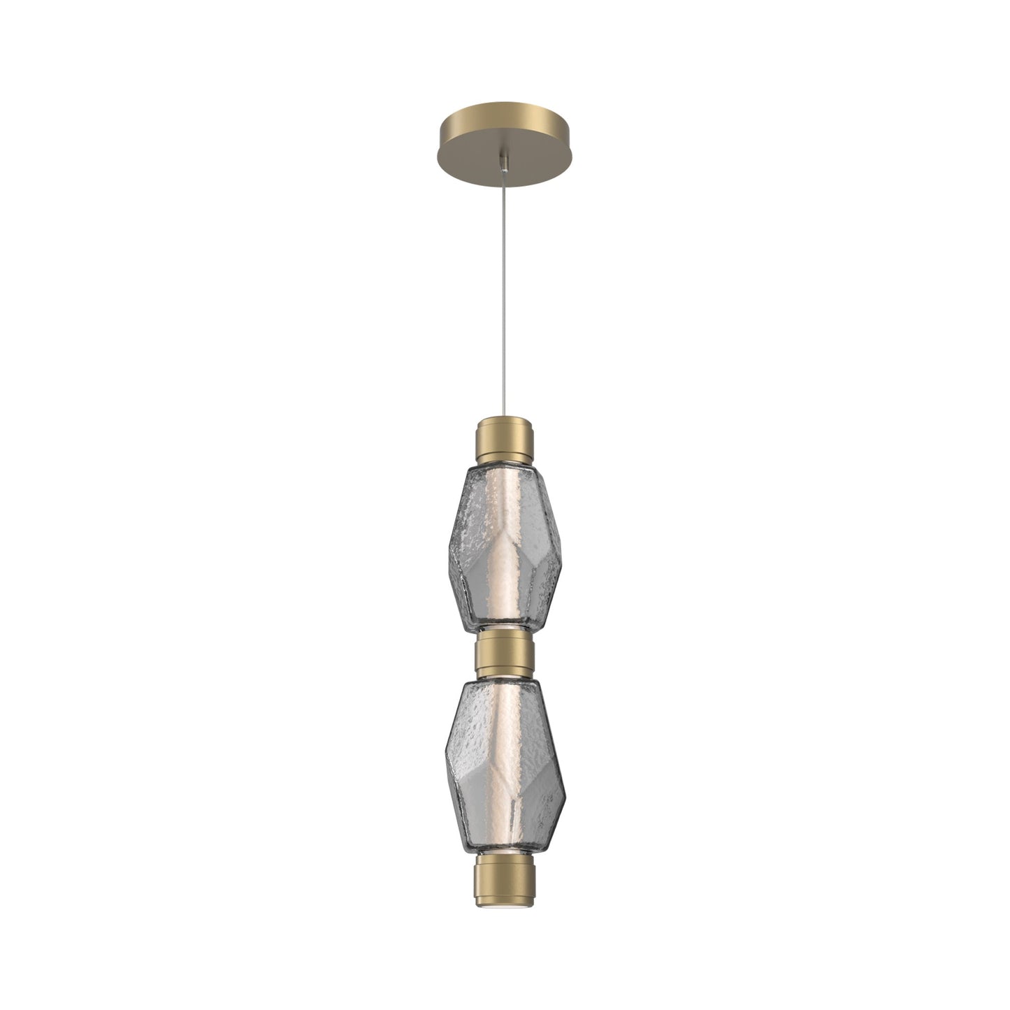 Gem Mandrel Double LED Pendant Light in Gilded Brass/Smoke Blown Glass.