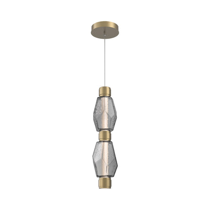 Gem Mandrel Double LED Pendant Light in Gilded Brass/Smoke Blown Glass.