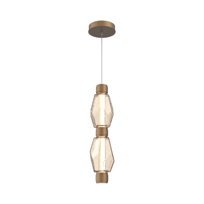 Gem Mandrel Double LED Pendant Light in Novel Brass/Amber Blown Glass.