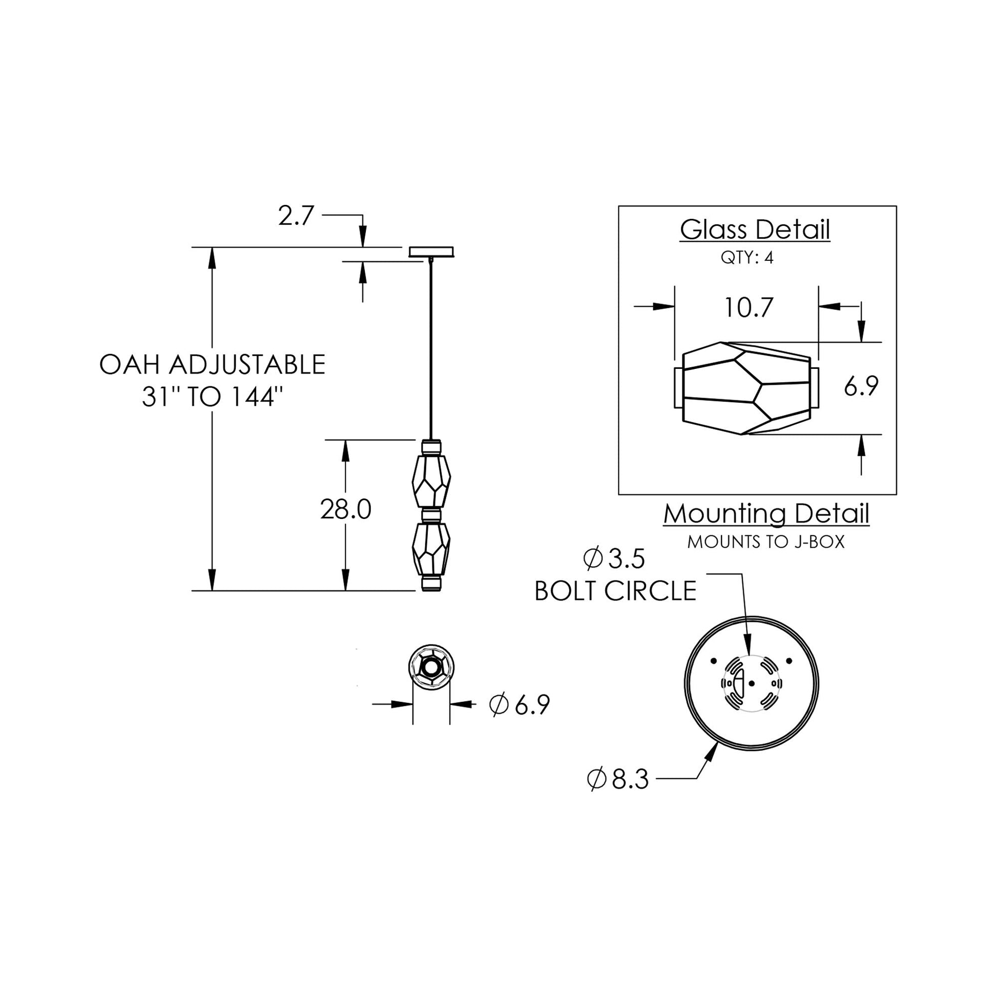 Gem Mandrel Double LED Pendant Light - line drawing.
