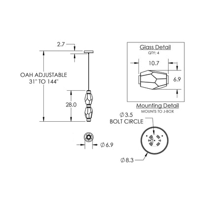 Gem Mandrel Double LED Pendant Light - line drawing.