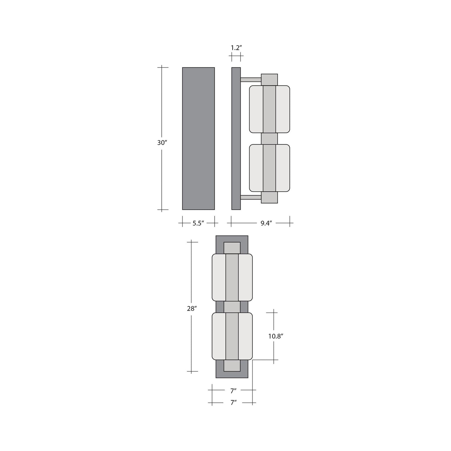 Gem Mandrel Double LED Wall Light - line drawing.