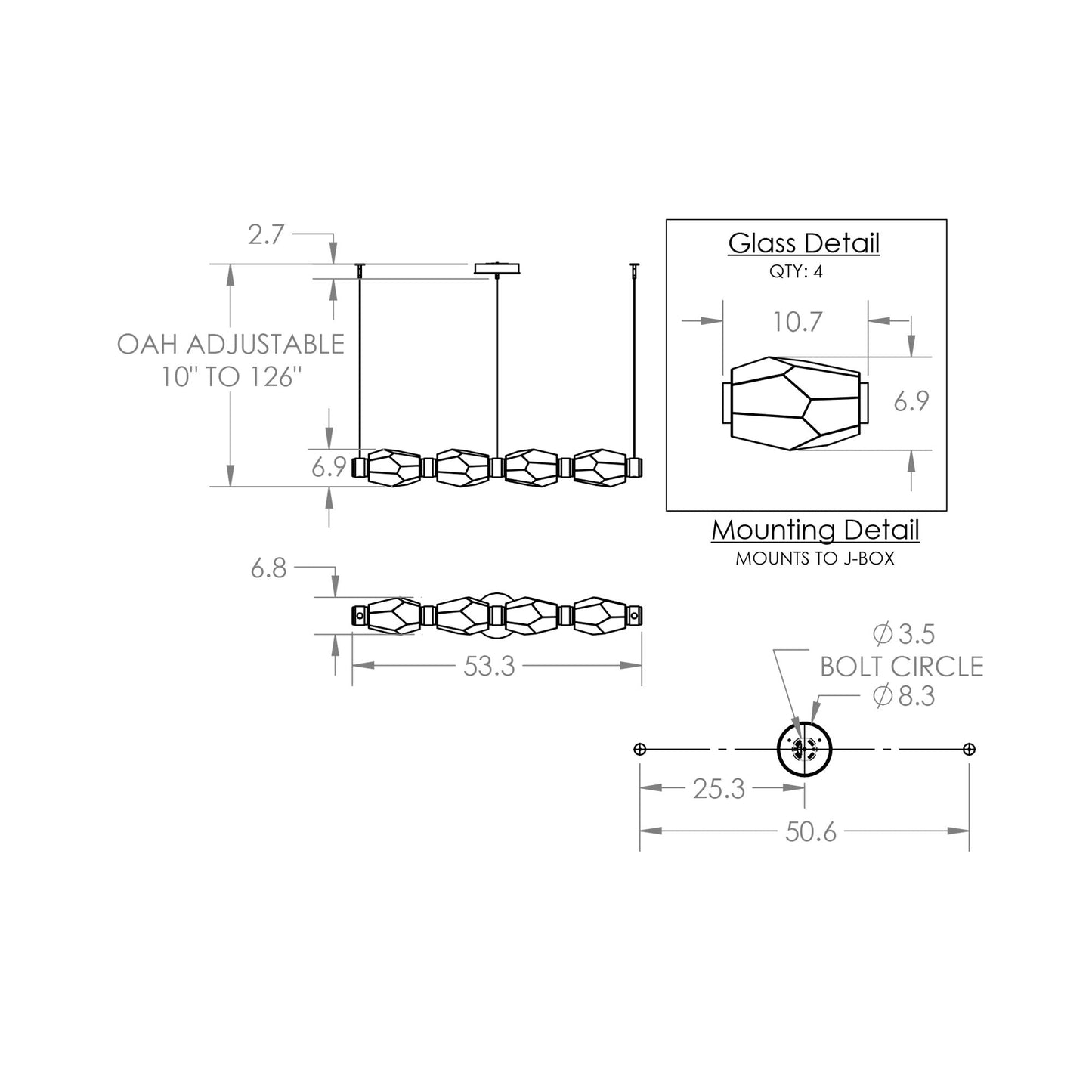 Gem Mandrel Linear LED Chandelier - line drawing.