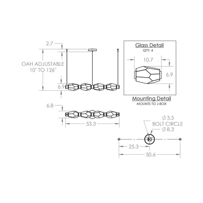 Gem Mandrel Linear LED Chandelier - line drawing.