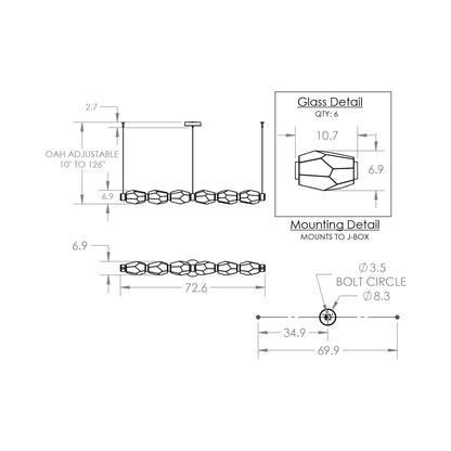 Gem Mandrel Linear LED Chandelier - line drawing.
