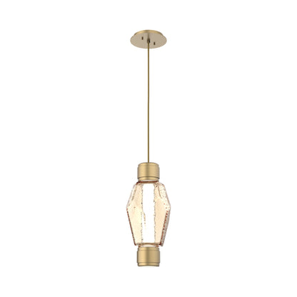 Gem Mandrel Single LED Pendant Light in Gilded Brass/Amber Blown Glass.