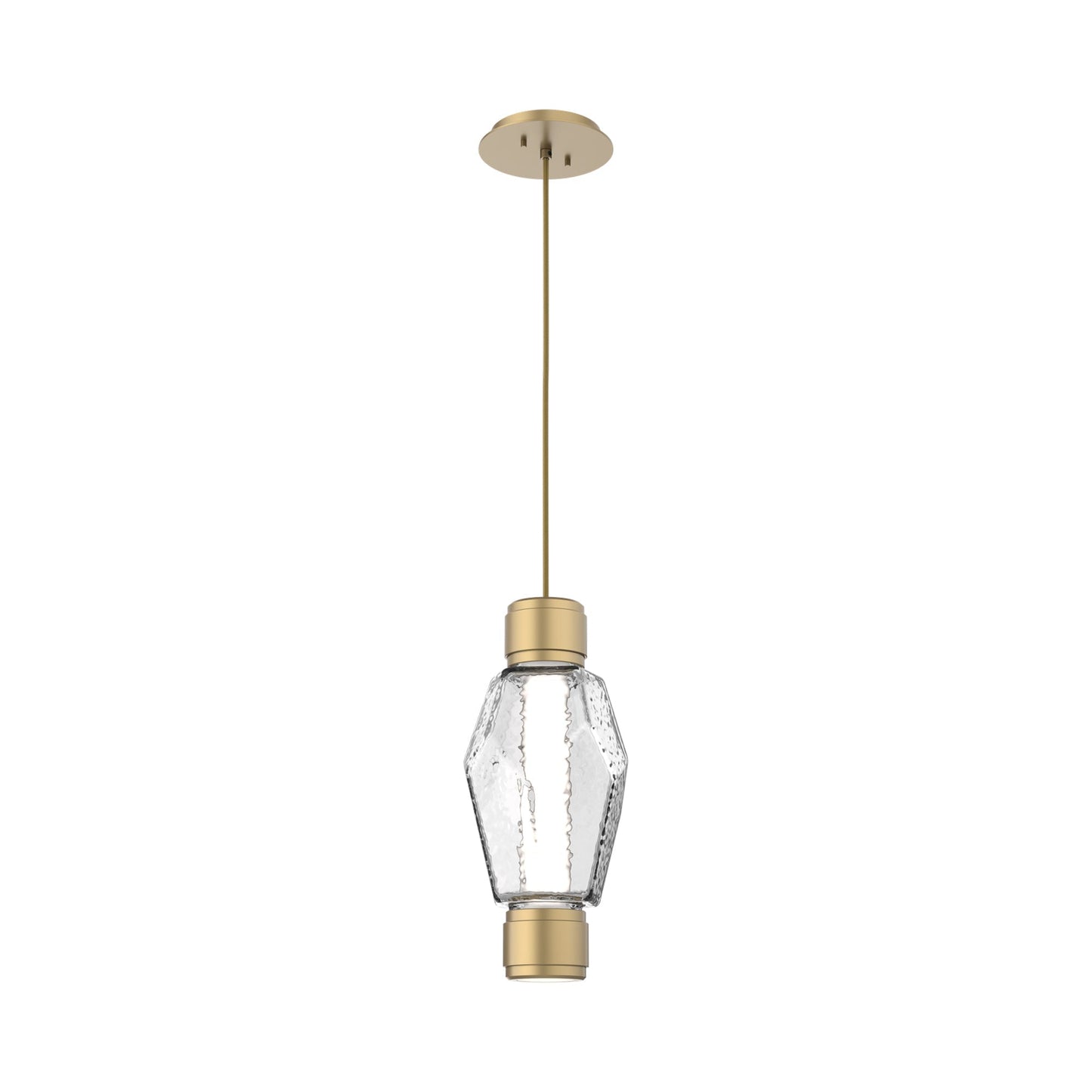 Gem Mandrel Single LED Pendant Light in Gilded Brass/Clear Blown Glass.