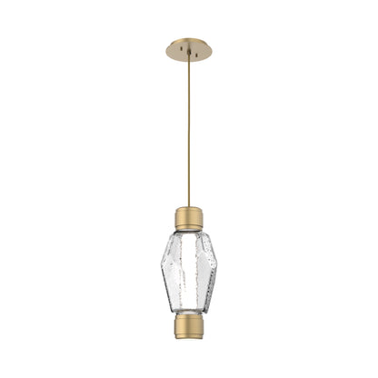 Gem Mandrel Single LED Pendant Light in Gilded Brass/Clear Blown Glass.