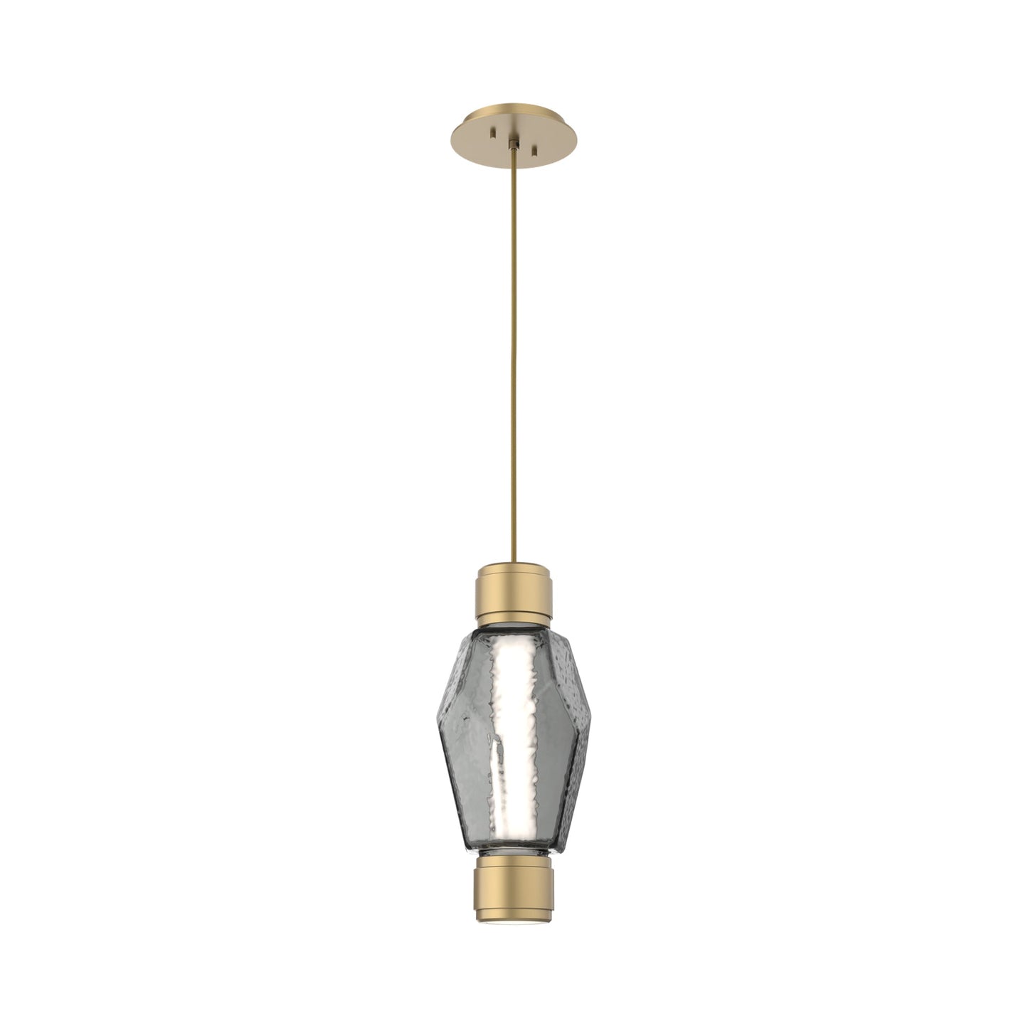 Gem Mandrel Single LED Pendant Light in Gilded Brass/Smoke Blown Glass.