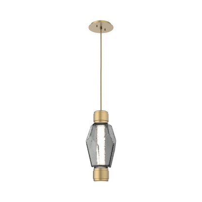 Gem Mandrel Single LED Pendant Light in Gilded Brass/Smoke Blown Glass.