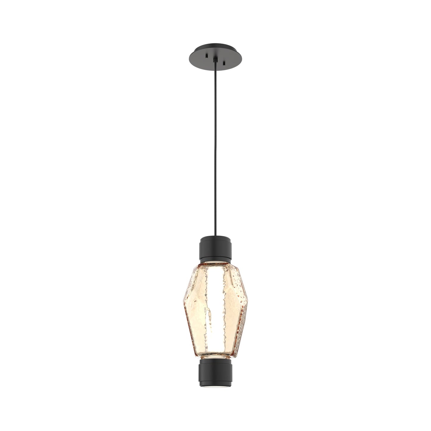 Gem Mandrel Single LED Pendant Light in Matte Black/Amber Blown Glass.
