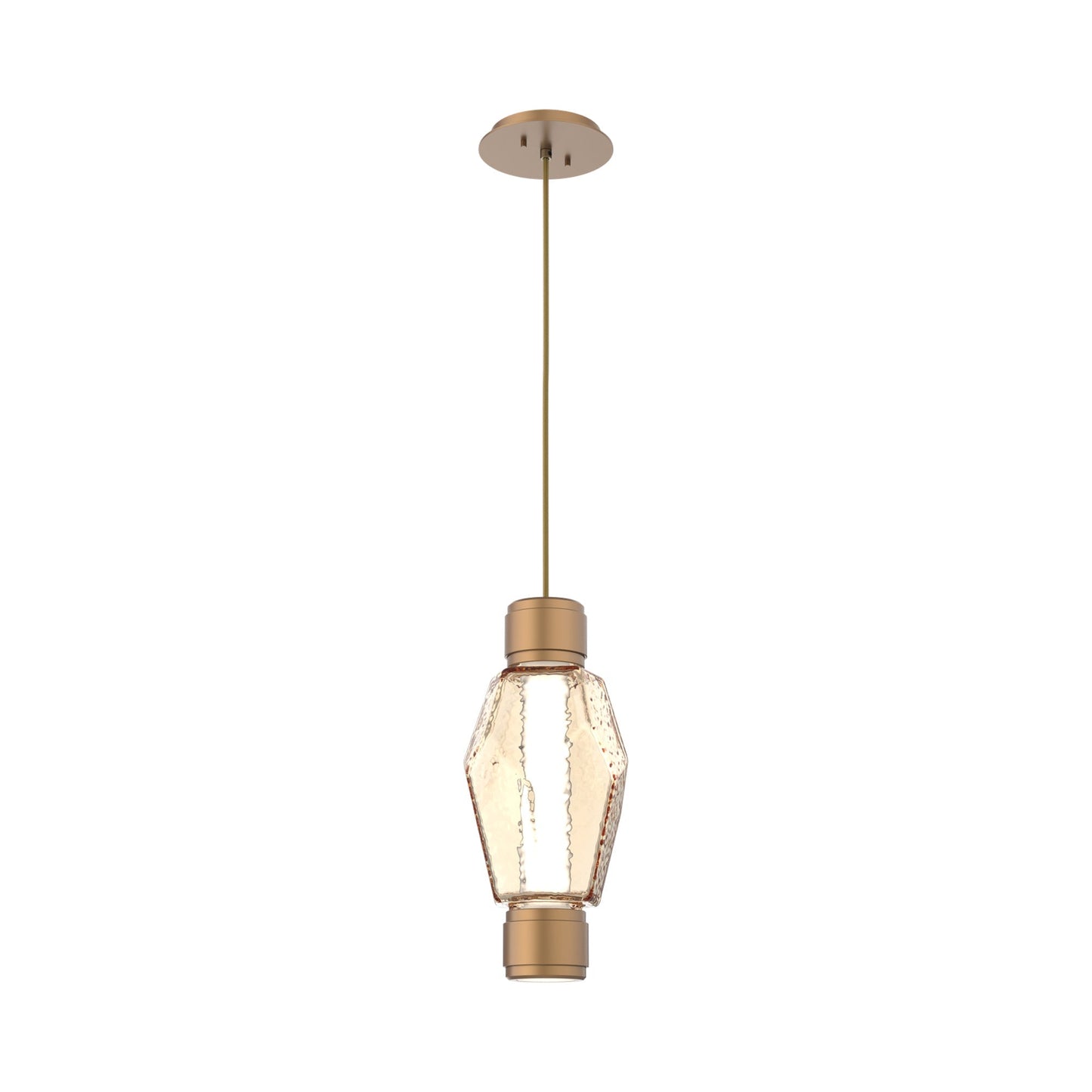 Gem Mandrel Single LED Pendant Light in Novel Brass/Amber Blown Glass.