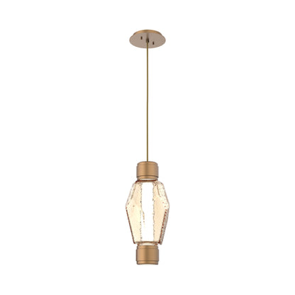 Gem Mandrel Single LED Pendant Light in Novel Brass/Amber Blown Glass.