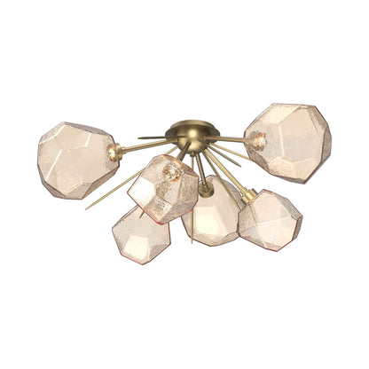 Gem Starburst LED Flush Mount Ceiling Light in Gilded Brass/Amber Blown Glass.