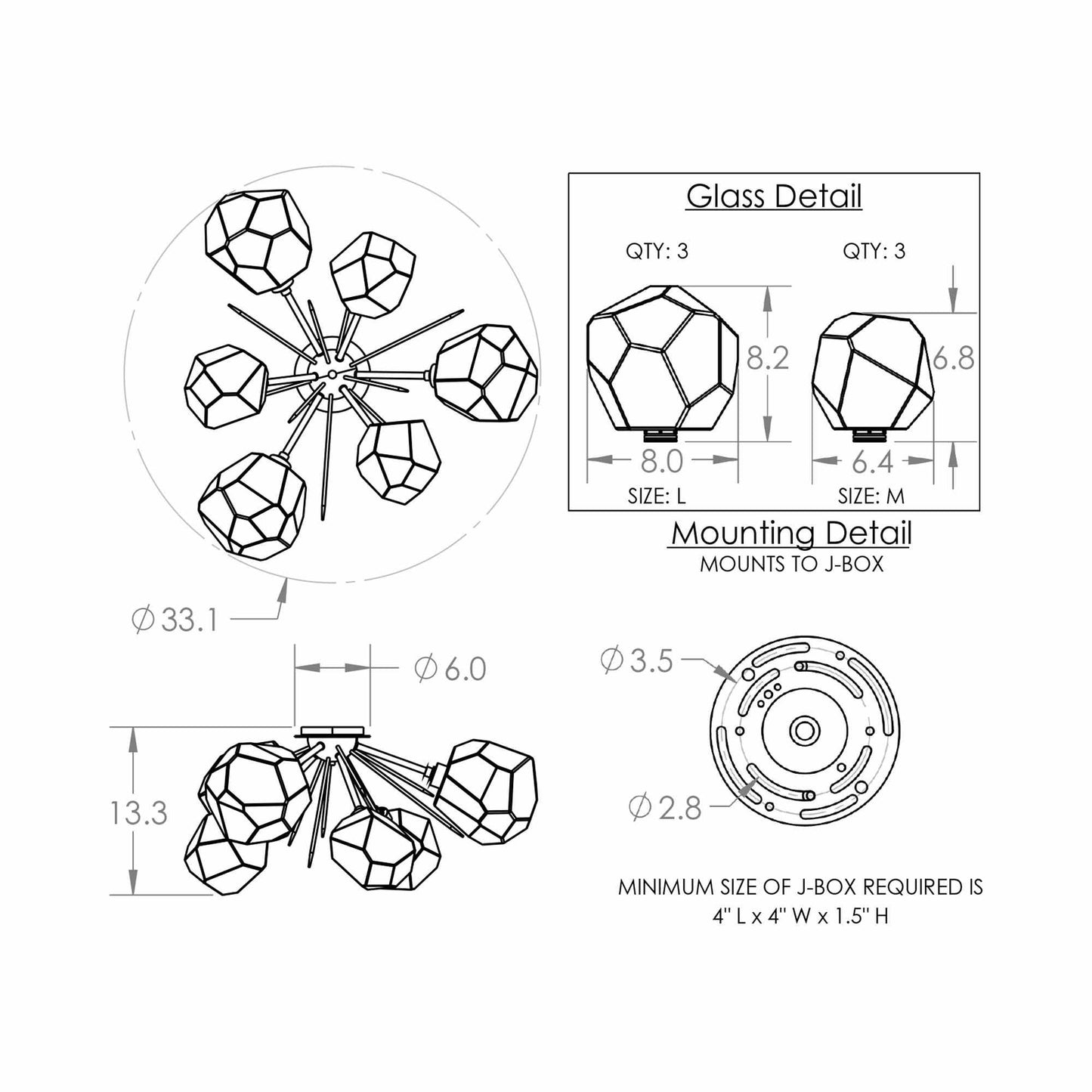 Gem Starburst LED Flush Mount Ceiling Light - line drawing.