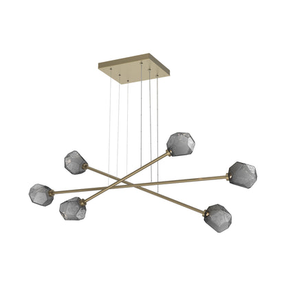Gem Triple Moda Linear LED Chandelier in Gilded Brass/Smoke Blown Glass.