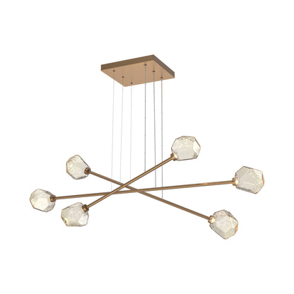 Gem Triple Moda Linear LED Chandelier in Novel Brass/Amber Blown Glass.