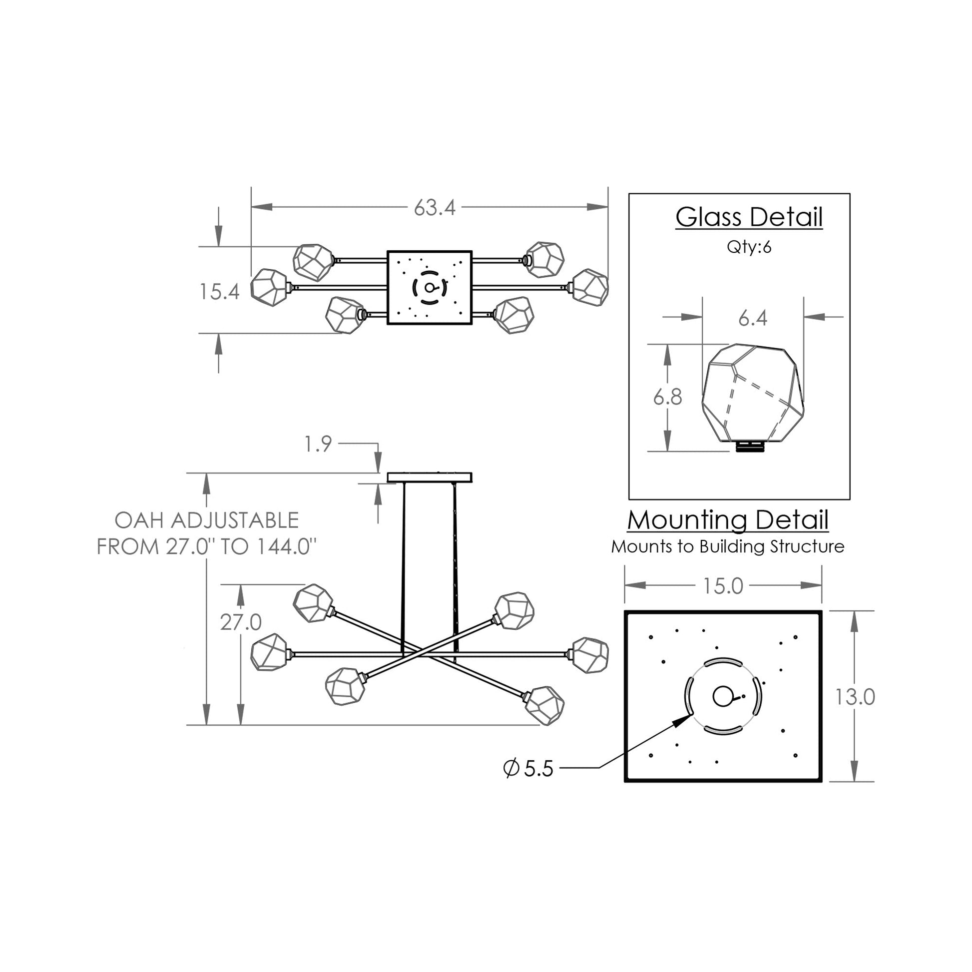 Gem Triple Moda Linear LED Chandelier - line drawing.