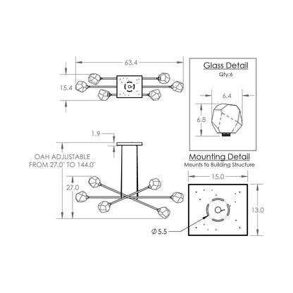Gem Triple Moda Linear LED Chandelier - line drawing.