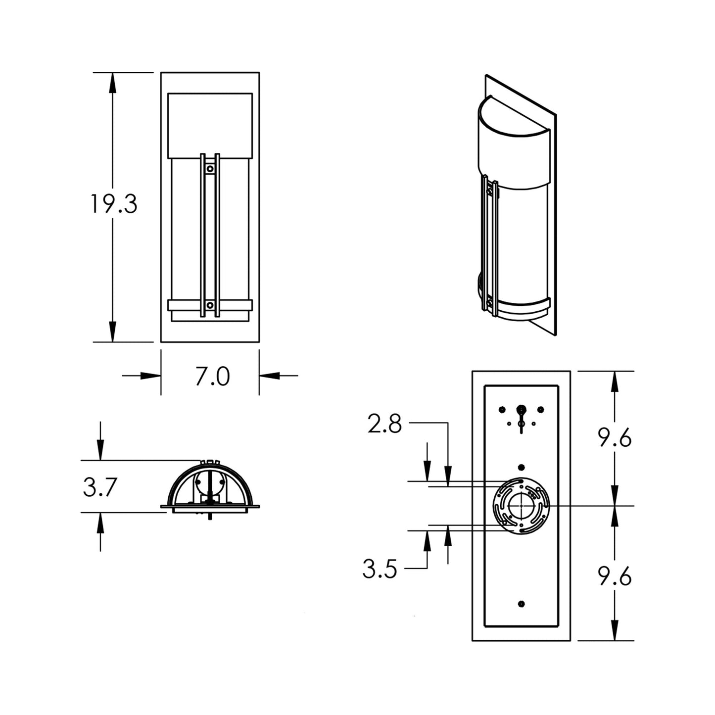 Half Round Outdoor LED Wall Light - line drawing.