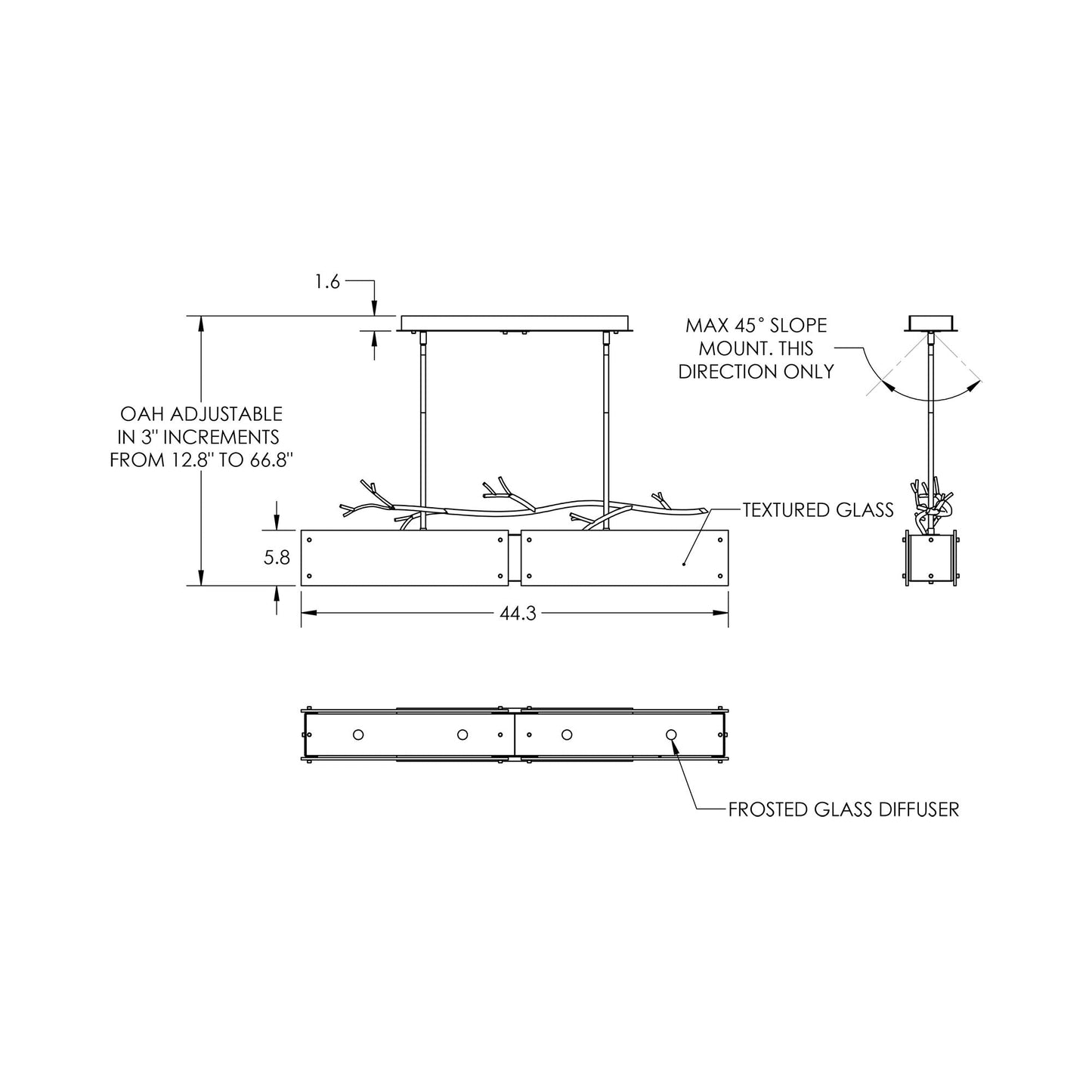 Ironwood Linear LED Chandelier - line drawing.
