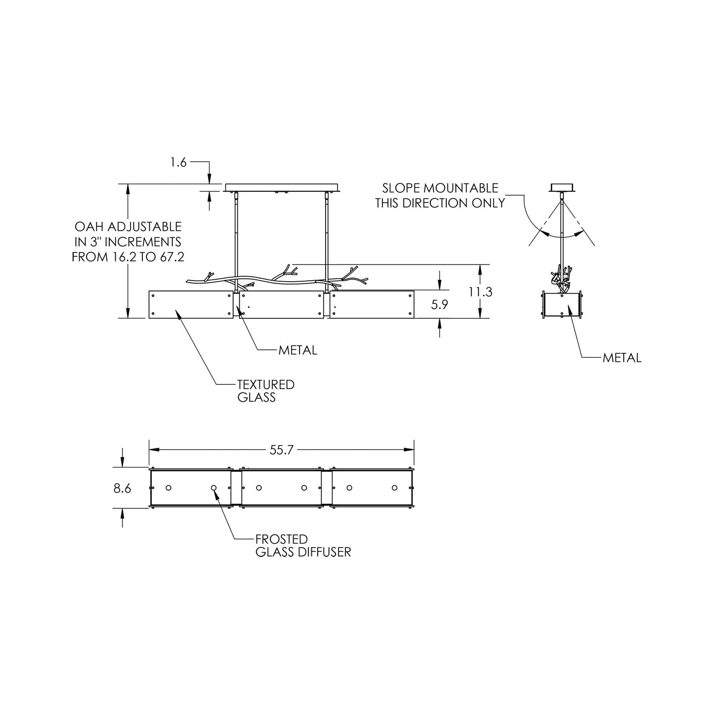 Ironwood Linear LED Chandelier - line drawing.