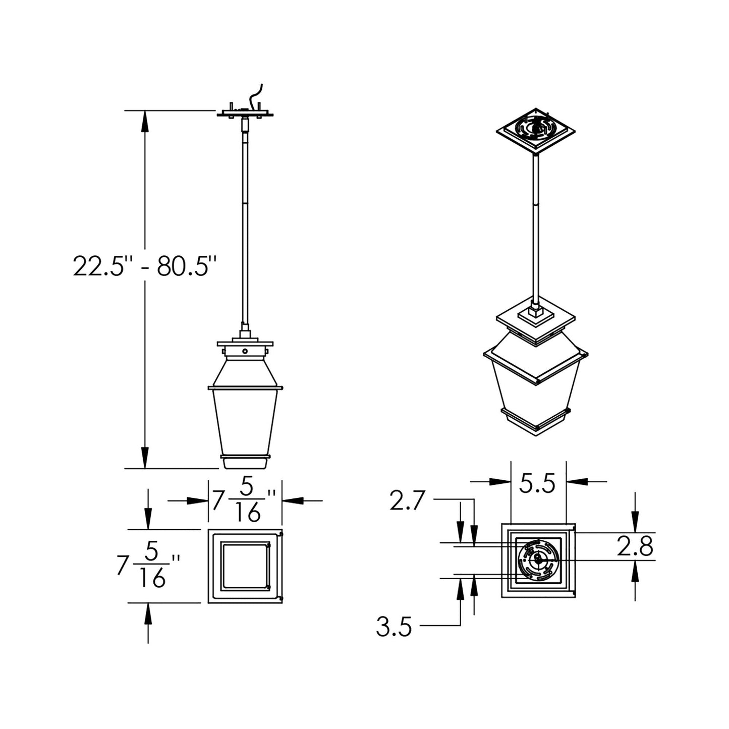 Landmark Outdoor LED Pendant Light - line drawing.