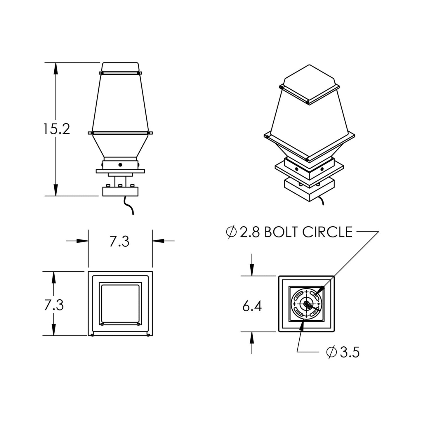 Landmark Outdoor LED Pier Mount Light - line drawing.
