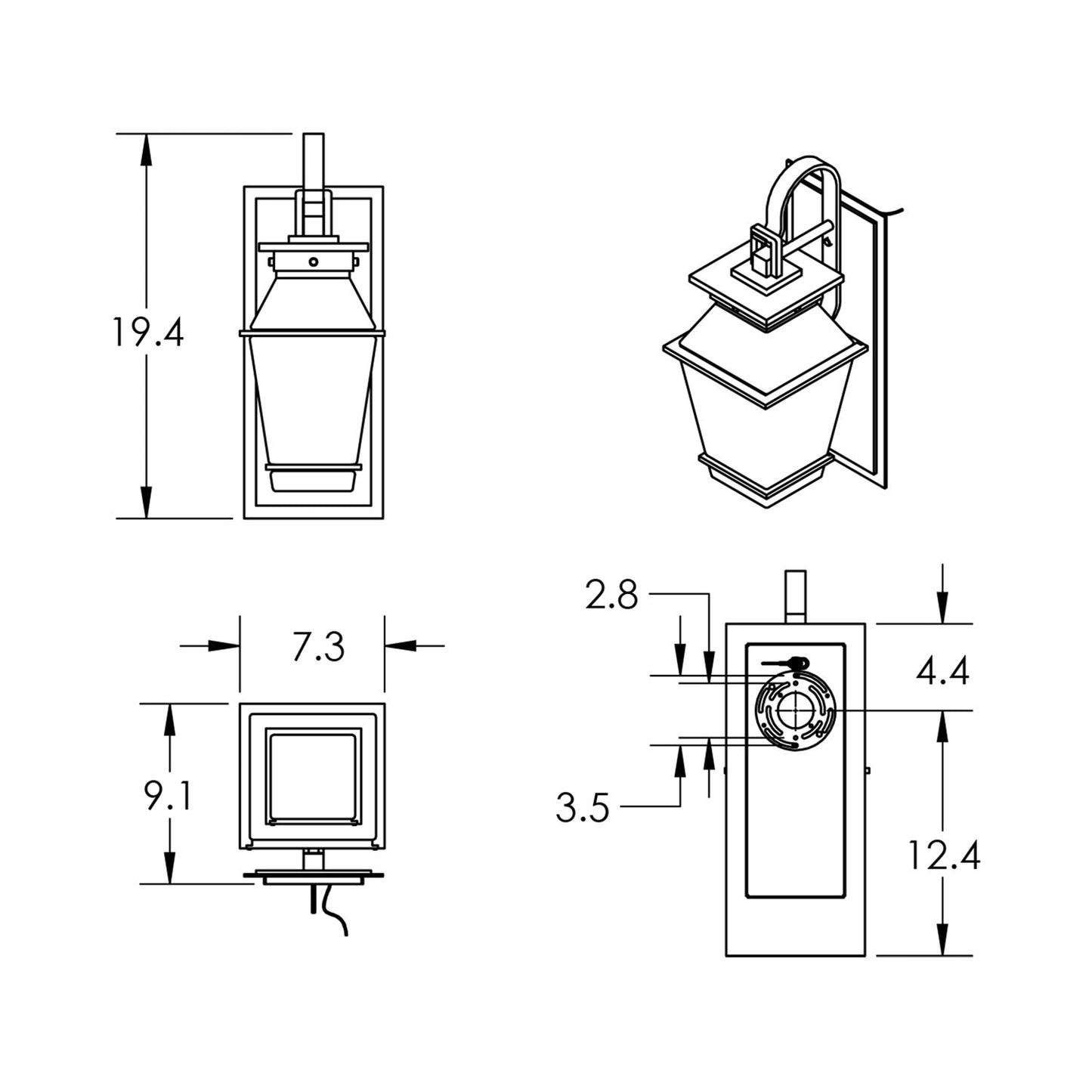 Landmark Outdoor LED Wall Light with Shepherd's Hook - line drawing.