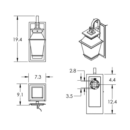 Landmark Outdoor LED Wall Light with Shepherd's Hook - line drawing.