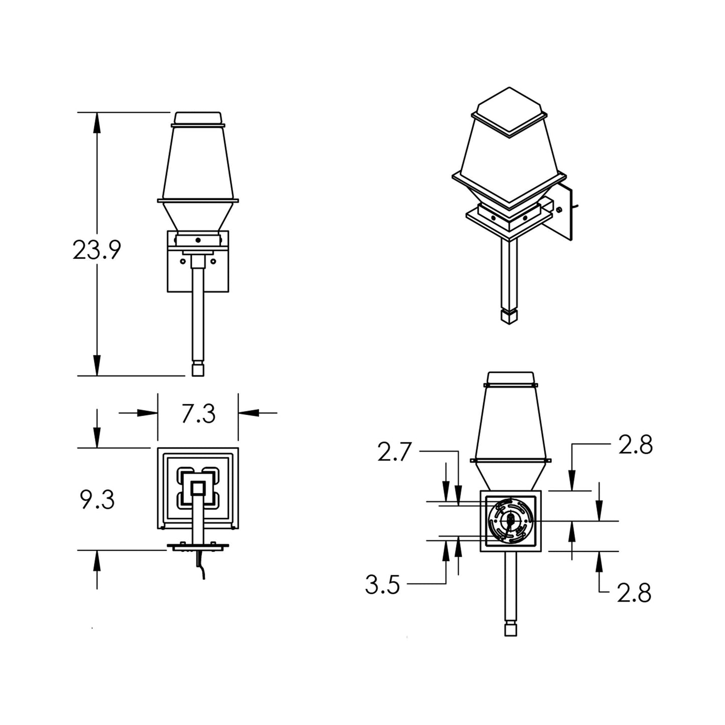 Landmark Torch Outdoor LED Wall Light - line drawing.