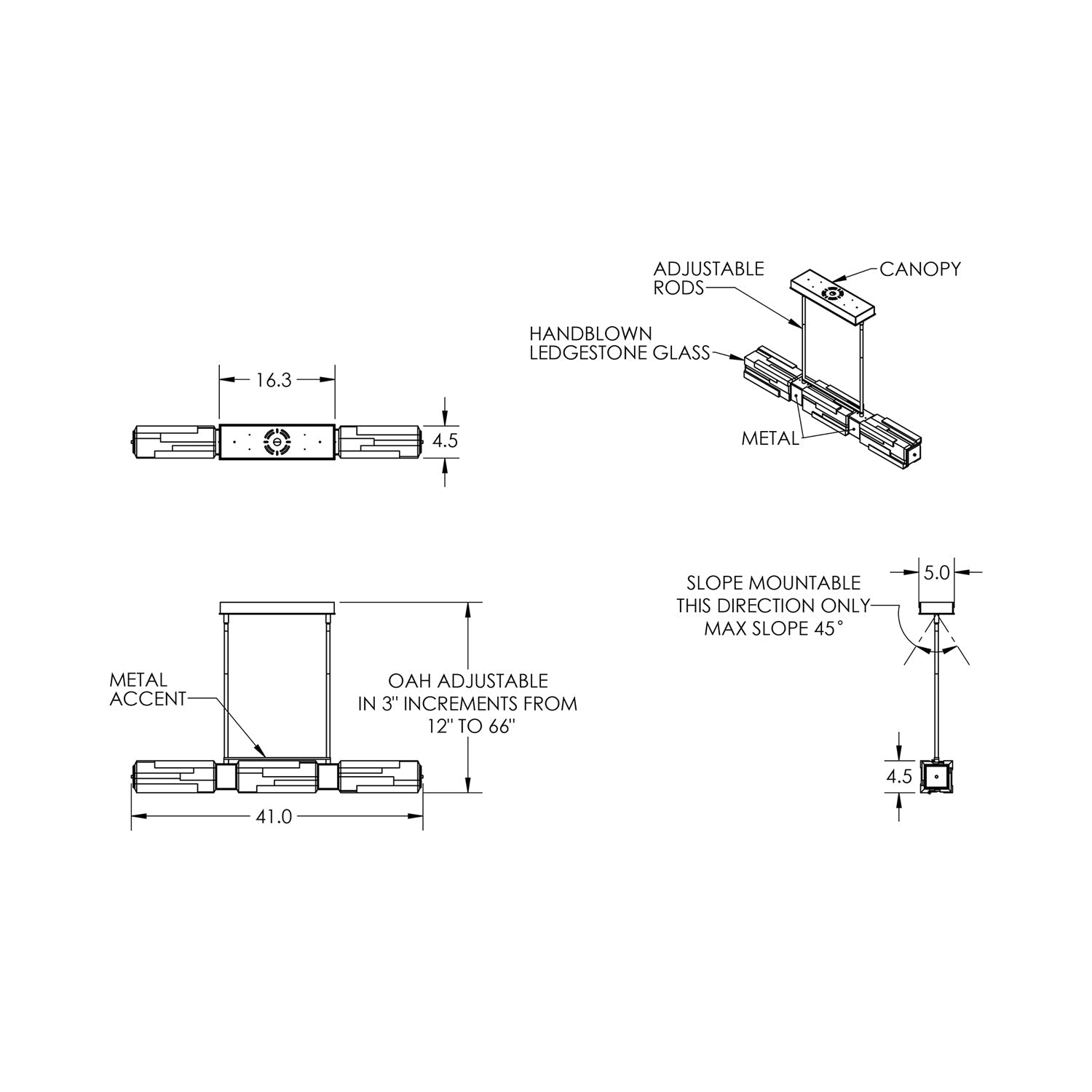 Ledgestone Linear LED Chandelier - line drawing.