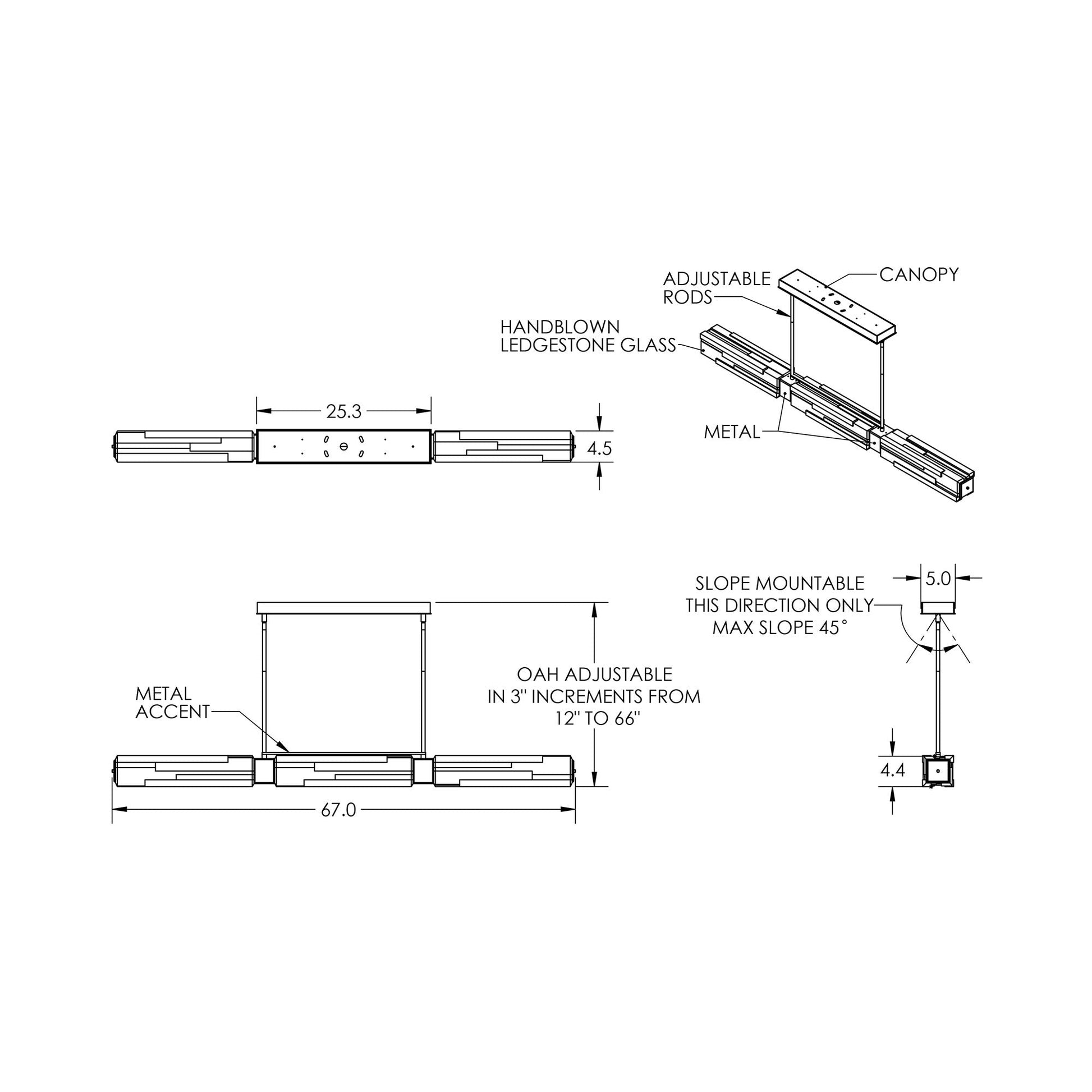 Ledgestone Linear LED Chandelier - line drawing.