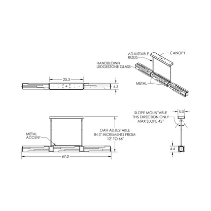 Ledgestone Linear LED Chandelier - line drawing.