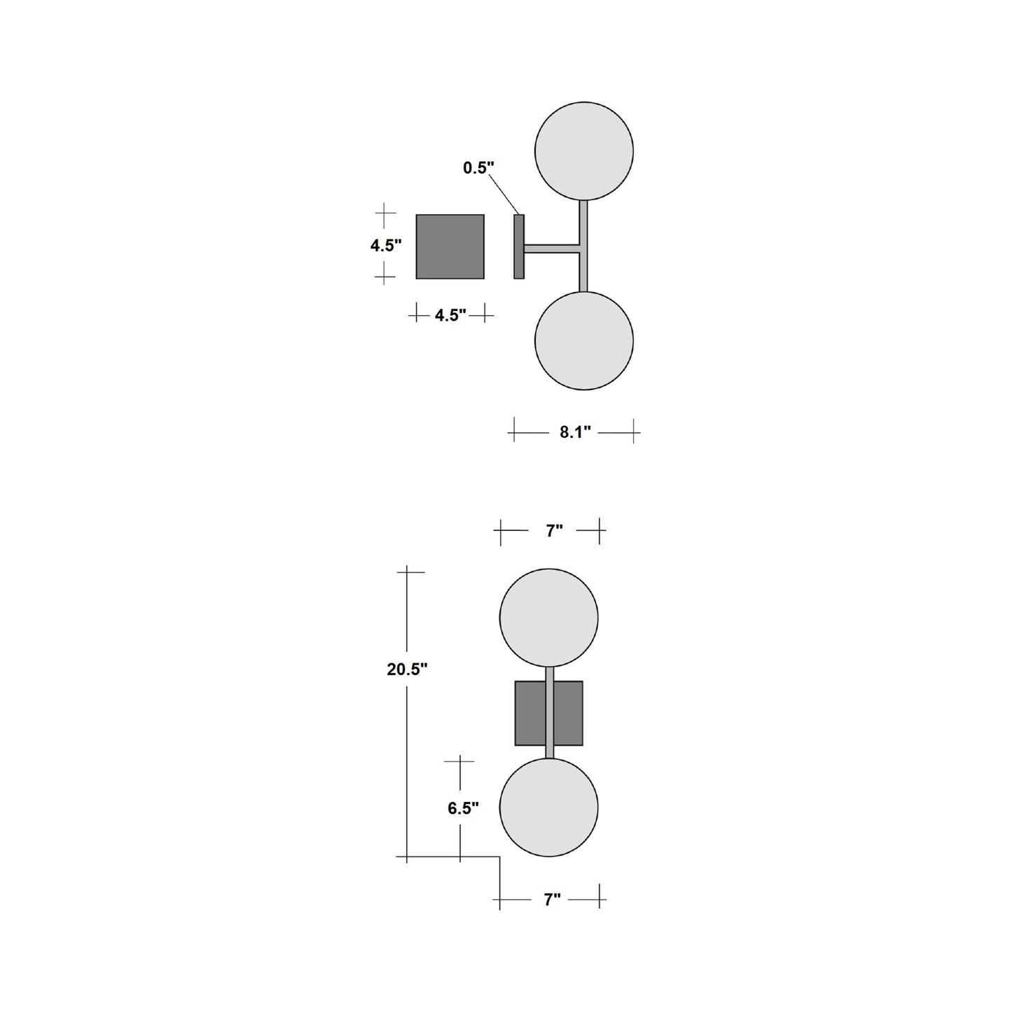 Luna Double LED Wall Light - line drawing.
