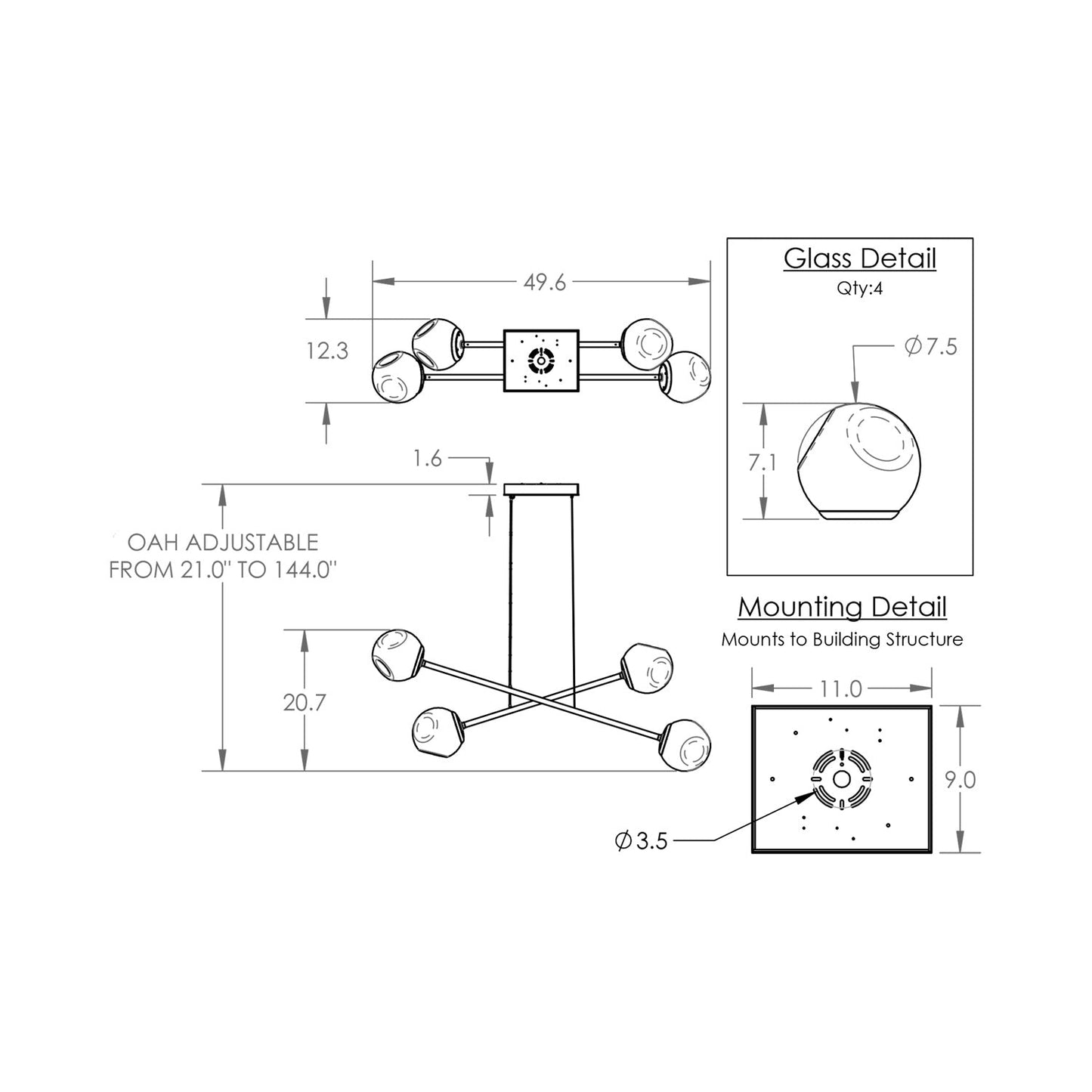 Luna Double Moda Linear LED Chandelier - line drawing.