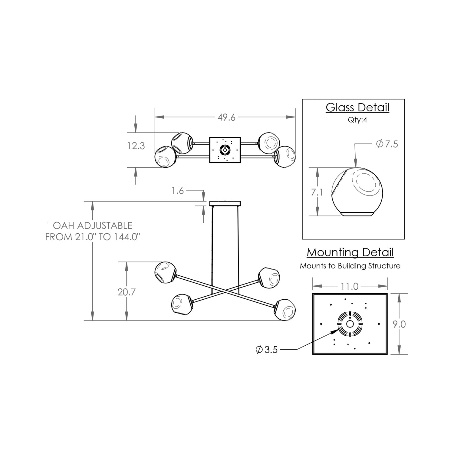 Luna Double Moda Linear LED Chandelier - line drawing.