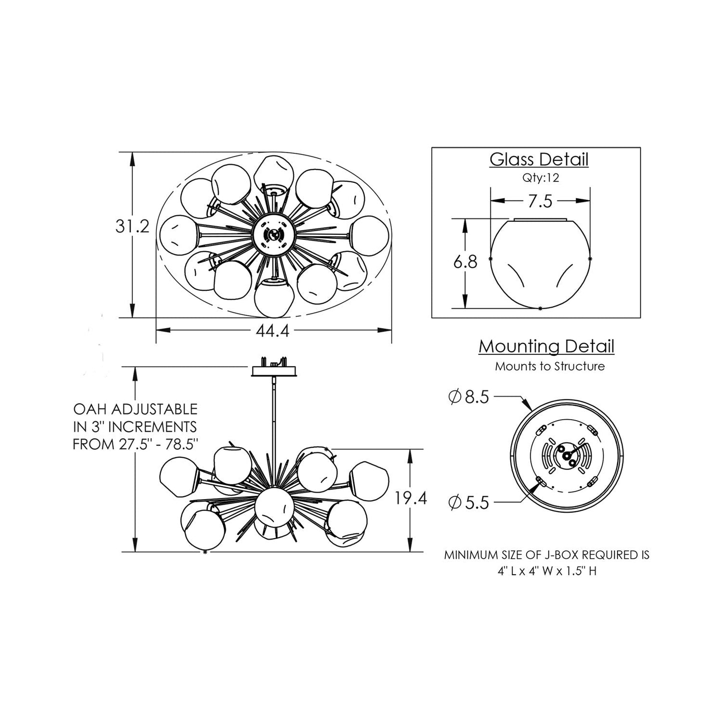 Luna Oval Starburst LED Chandelier - line drawing.