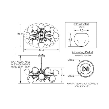Luna Oval Starburst LED Chandelier - line drawing.