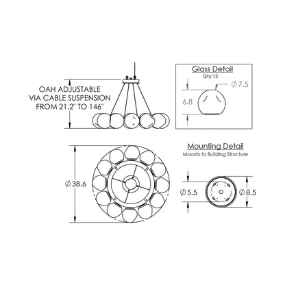 Luna Radial Ring Bronze LED Chandelier - line drawing.