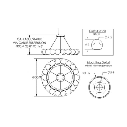 Luna Radial Ring Bronze LED Chandelier - line drawing.